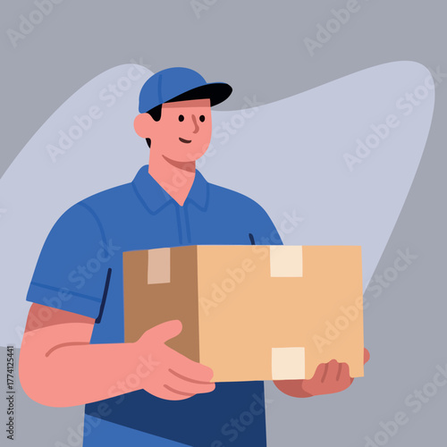 Man carrying a cardboard box to deliver an online purchase package to a home.