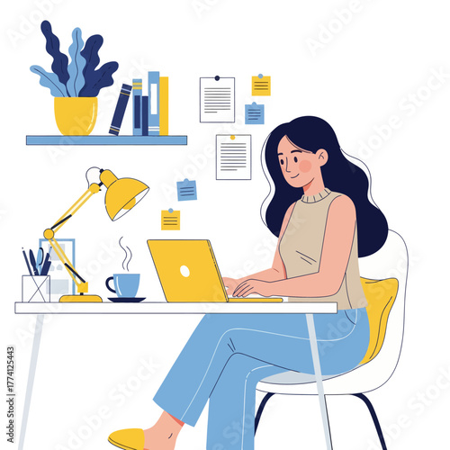 Young woman working on laptop at home office desk. Flat vector illustration of freelancer or remote worker in cozy workspace with modern furniture, books, and coffee cup.