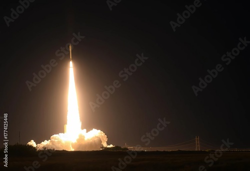 Dramatic nighttime launch of ballistic missile, fiery trail against dark sky,  force,  war