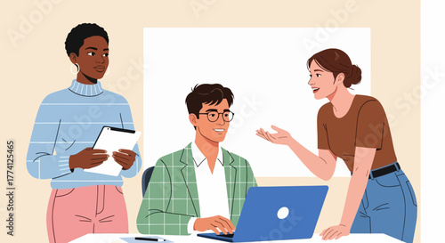 Team collaboration in modern office. Diverse coworkers discussing project ideas with laptop and tablet. Creative teamwork and communication concept for business, startup, or workplace illustration.