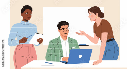 Team collaboration in modern office. Diverse coworkers discussing project ideas with laptop and tablet. Creative teamwork and communication concept for business, startup, or workplace illustration.