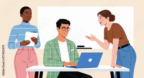 Team collaboration in modern office. Diverse coworkers discussing project ideas with laptop and tablet. Creative teamwork and communication concept for business, startup, or workplace illustration.