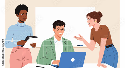 Team collaboration in modern office. Diverse coworkers discussing project ideas with laptop and tablet. Creative teamwork and communication concept for business, startup, or workplace illustration.
