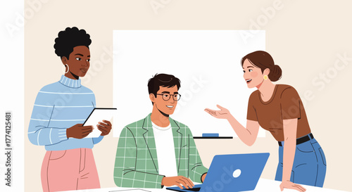 Team collaboration in modern office. Diverse coworkers discussing project ideas with laptop and tablet. Creative teamwork and communication concept for business, startup, or workplace illustration.