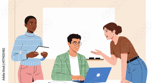 Team collaboration in modern office. Diverse coworkers discussing project ideas with laptop and tablet. Creative teamwork and communication concept for business, startup, or workplace illustration.