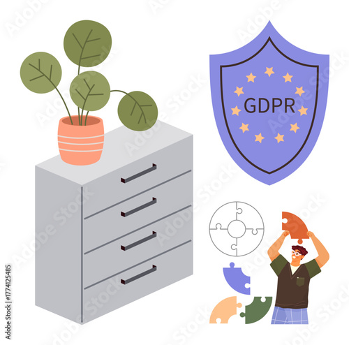 File cabinet with plant, GDPR shield with stars, man solving puzzle. Ideal for data protection, compliance, teamwork, organization, legal problem-solving privacy. Simple flat metaphor