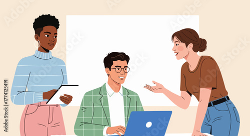 Team collaboration in modern office. Diverse coworkers discussing project ideas with laptop and tablet. Creative teamwork and communication concept for business, startup, or workplace illustration.