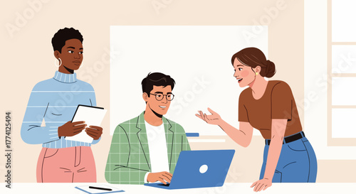 Team collaboration in modern office. Diverse coworkers discussing project ideas with laptop and tablet. Creative teamwork and communication concept for business, startup, or workplace illustration.