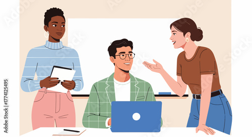 Team collaboration in modern office. Diverse coworkers discussing project ideas with laptop and tablet. Creative teamwork and communication concept for business, startup, or workplace illustration.