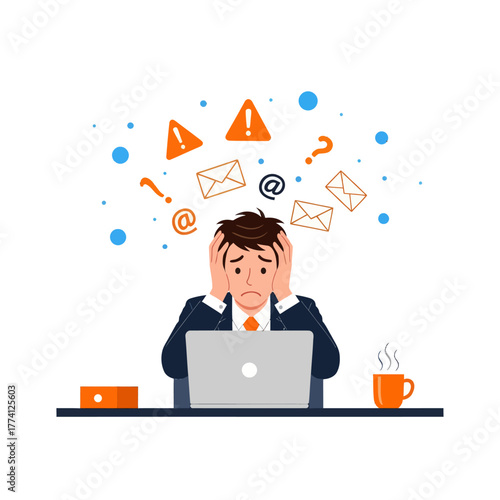 Stressed businessman with laptop overwhelmed by emails and deadlines. Flat vector illustration of work pressure, burnout, anxiety, and digital overload at office desk.