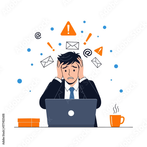 Stressed businessman with laptop overwhelmed by emails and deadlines. Flat vector illustration of work pressure, burnout, anxiety, and digital overload at office desk.