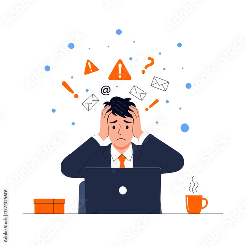 Stressed businessman with laptop overwhelmed by emails and deadlines. Flat vector illustration of work pressure, burnout, anxiety, and digital overload at office desk.