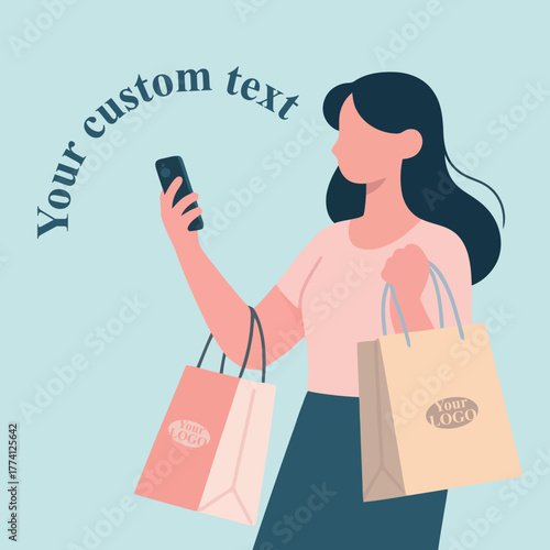 A woman with shopping bags transferring money from her cell phone