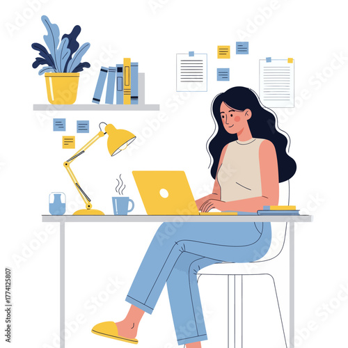 Young woman working on laptop at home office desk. Flat vector illustration of freelancer or remote worker in cozy workspace with modern furniture, books, and coffee cup.