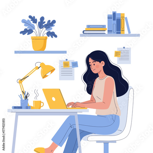 Young woman working on laptop at home office desk. Flat vector illustration of freelancer or remote worker in cozy workspace with modern furniture, books, and coffee cup.