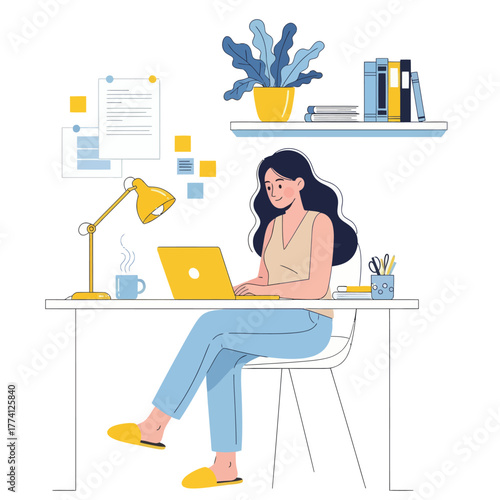 Young woman working on laptop at home office desk. Flat vector illustration of freelancer or remote worker in cozy workspace with modern furniture, books, and coffee cup.