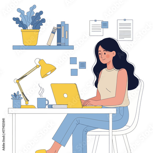 Young woman working on laptop at home office desk. Flat vector illustration of freelancer or remote worker in cozy workspace with modern furniture, books, and coffee cup.