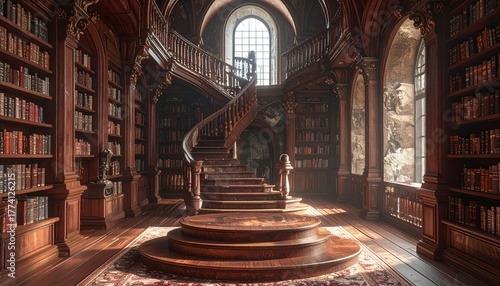 Elaborate staircase in grand library hall
