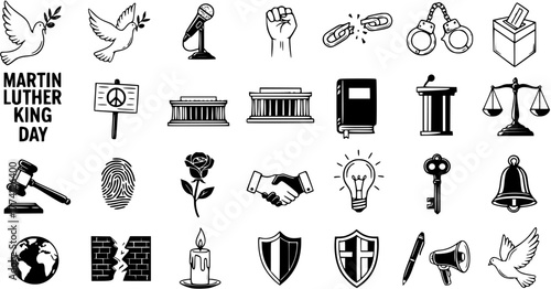 Martin Luther King Day and Civil Rights Icons Set: Featuring Symbols of Peace, Justice, Equality, Freedom, and Activism