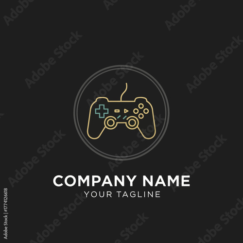 Modern video game controller logo with neon outline style.