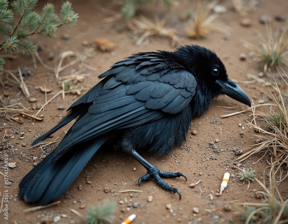 Obraz premium Black raven lies on dry ground near small plants. Bird appears dead sick. Two discarded cigarette butts rest near body. Image highlights wildlife vulnerability, environmental pollution, human impact