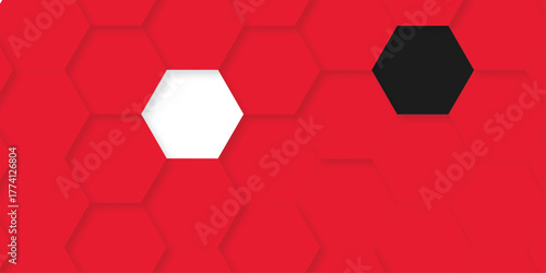 Red abstract vector minimal with 3d white hexagon background and Embossed Hexagon , honeycomb white mosaic cell web ,light and shadow texture design.