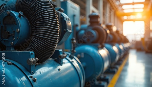 Large blue industrial compressors line modern factory floor. Machines supply compressed air for production. Equipment operates inside industrial plant with bright sunlight streaming in. Heavy