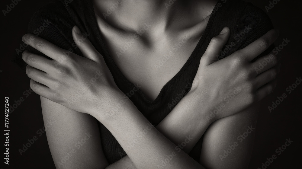 Obraz premium Crossed arms on bare shoulder in black shirt, monochrome close up showing delicate skin texture and subtle shadows, evoking calm and introspection