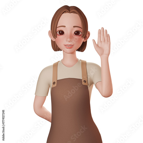 3D Portrait render of beautiful barista cartoon in brown wears. Raise waving right hand, greeting or goodbye goodbye. advertising, presentations, UIUX design, promotional materials.