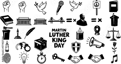 Martin Luther King Jr. Day Civil Rights Icons Set: Justice, Peace, Equality, and Protest Symbols