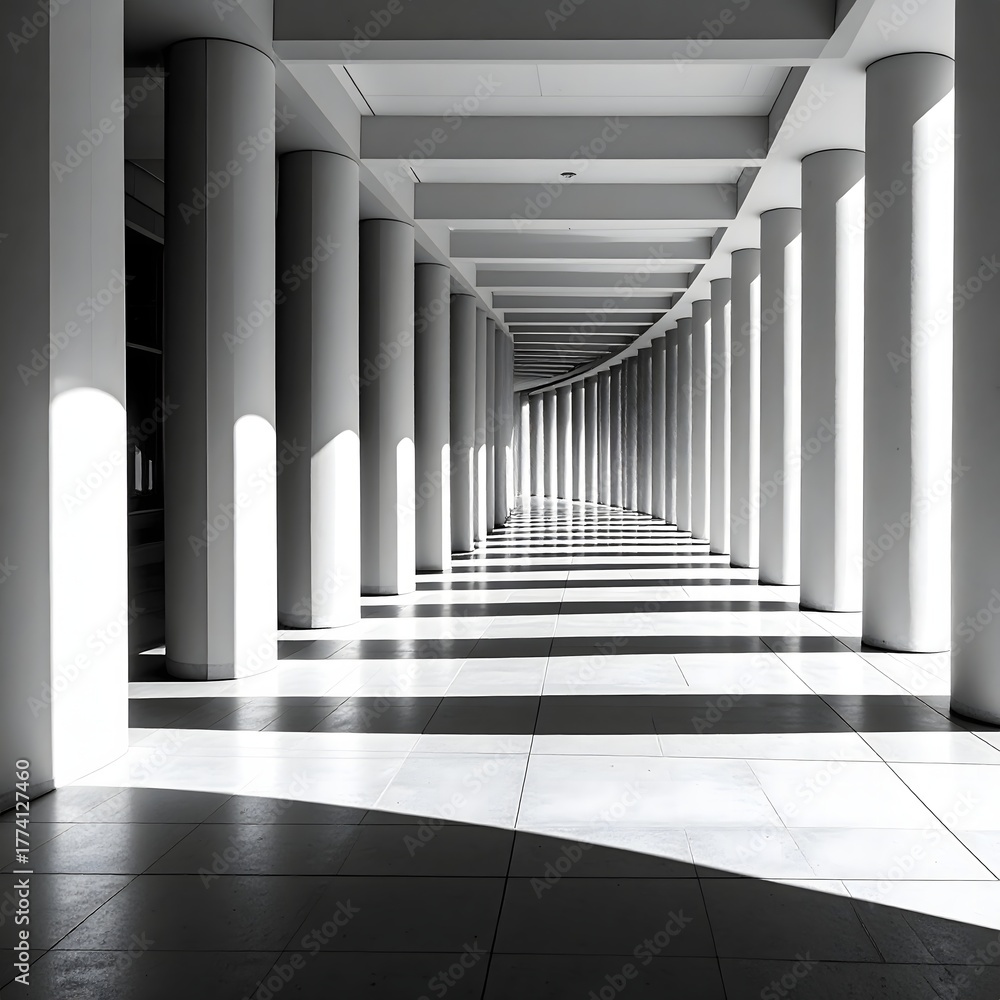Obraz premium Hallway extends into the distance with repeating columns and bright sunlight creating strong shadows in a modern architectural space.