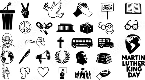 Martin Luther King Jr. Day and Civil Rights Movement Vector Icon Set: Peace, Freedom, Equality, and Justice Symbols Collection