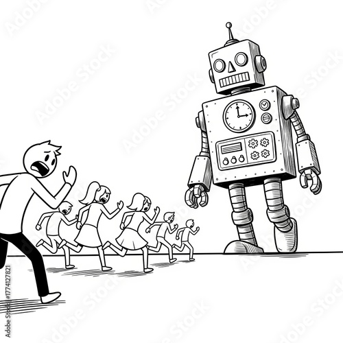 Cartoon illustration depicting a group fleeing from a giant retro robot in a monochromatic style