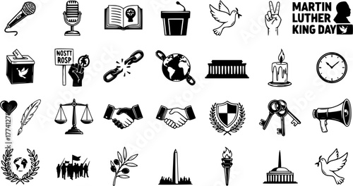 Civil Rights, Peace, and Justice Symbols Collection - Martin Luther King Day, Protest, Unity, and Freedom Icons