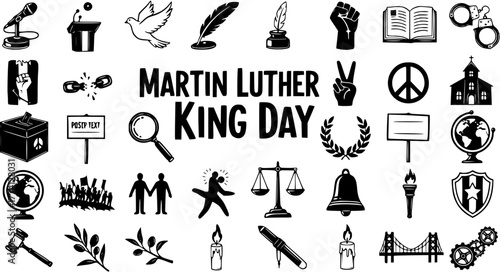Martin Luther King Day Icons Collection: Civil Rights, Justice, Freedom, and Equality Symbols