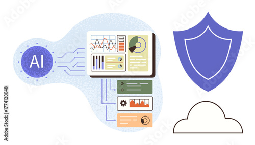AI interface analyzing data charts, cloud storage integration, and shield icon for protection. Ideal for technology, data security, artificial intelligence, cloud computing, analytics, software
