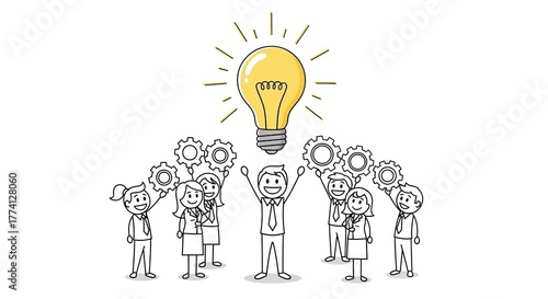 Cheerful stick figure presents data analytics on a desktop screen in a hand-drawn illustration style