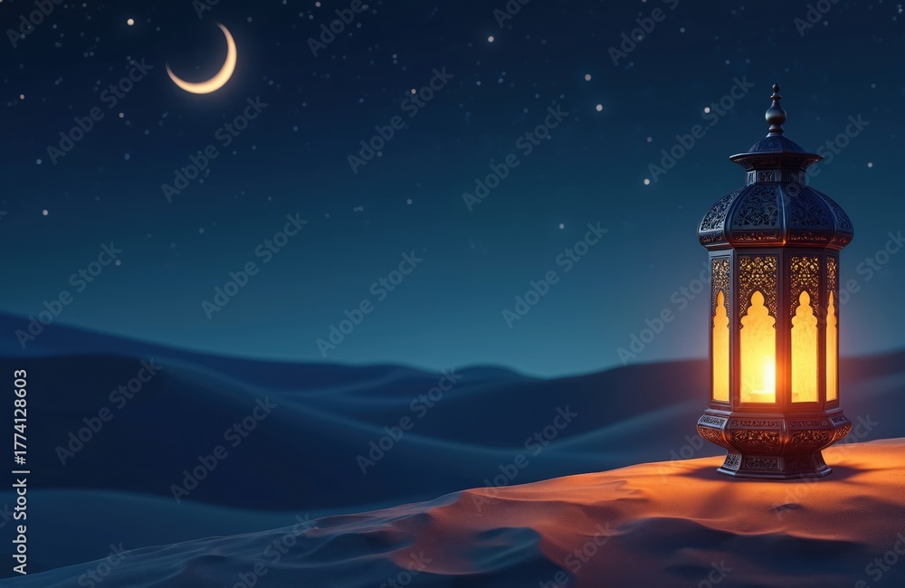 Naklejka premium Decorative lantern glows warmly on sand dunes under starry night sky with crescent moon visible. Scene evokes spirit of Ramadan, Islamic culture, suggesting tradition, spirituality in desert setting.