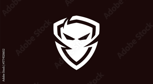 Abstract shield icon with masked figure against black background