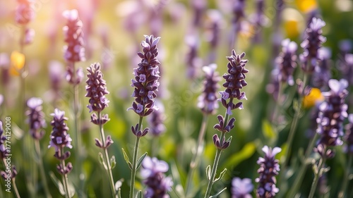 Fototapeta Naklejka Na Ścianę i Meble -  Aromatic lavender flowers with violet blossoms are bathed in warm sunlight in a summer field, surrounded by soft green foliage creating a calming ambiance.