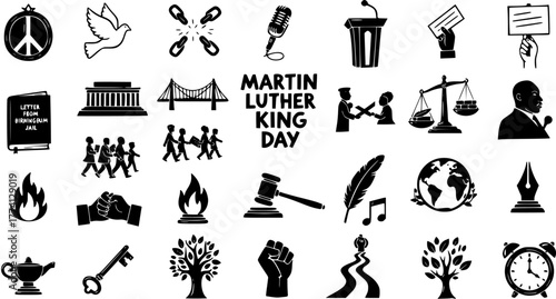 Martin Luther King Jr. Day  Civil Rights Movement Icons. A collection of symbols representing peace, justice, equality, protest, and freedom history.
