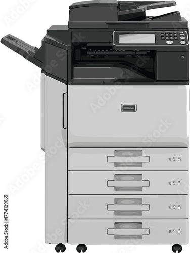 Detailed illustration of a professional digital multifunction office printer and copier machine with multiple paper trays, essential business equipment for modern workplaces