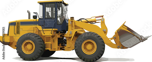 Yellow front-end loader, a powerful construction vehicle. Features a large scoop bucket for efficient earthmoving, excavation, and material handling on industrial sites