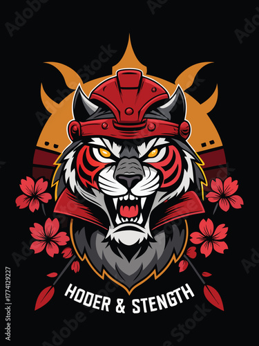 Fierce tiger wearing samurai helmet and armor with cherry blossoms and spears animal wild