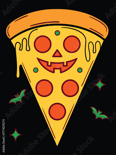 Halloween Pizza Slice With Jack O Lantern Face and Bats On Black Background pumpkin