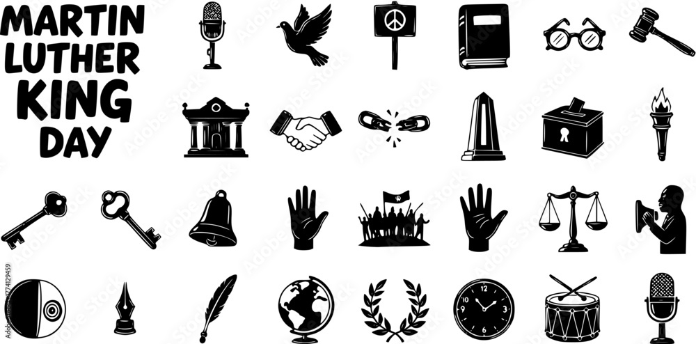 Obraz premium Martin Luther King Jr. Day Icons Set. Collection of Hand-Drawn Symbols Representing Civil Rights, Peace, Justice, Freedom, Democracy, and Equality.