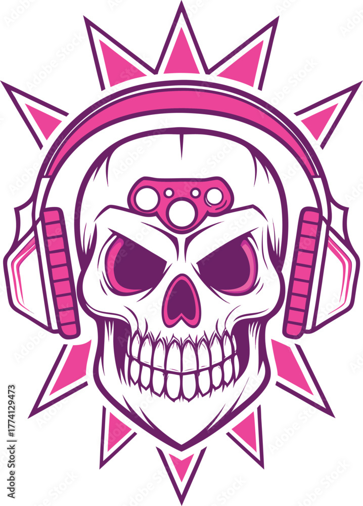 Fototapeta premium Pink Skull Wearing Headphones and Gaming Controller
