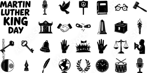 Martin Luther King Jr. Day Icons Set. Collection of Hand-Drawn Symbols Representing Civil Rights, Peace, Justice, Freedom, Democracy, and Equality.
