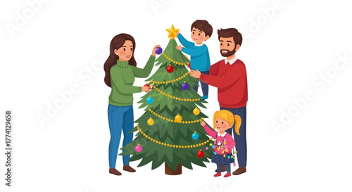 Happy family decorating a Christmas tree together for the winter holidays, a cheerful scene of parents and children