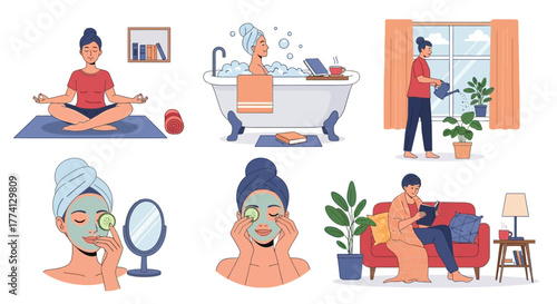Self-Care Routine Illustrations of People Practicing Wellness and Relaxation at Home